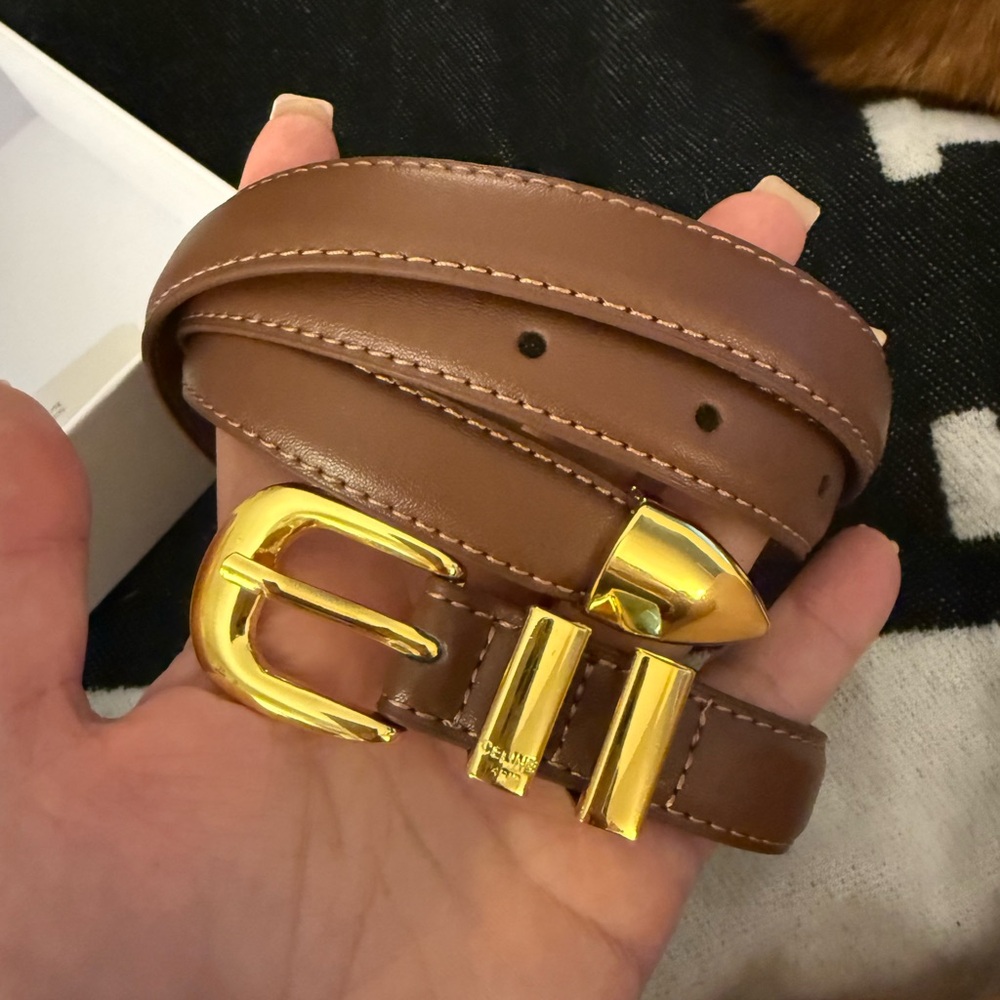 Celine Tan Leather Belt with Gold Buckle